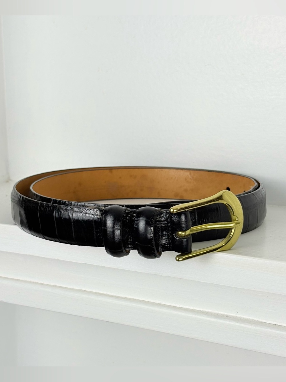 Vintage Martin Dingman Belt Black Italian Calfskin Alligator Grain Brass Size 36